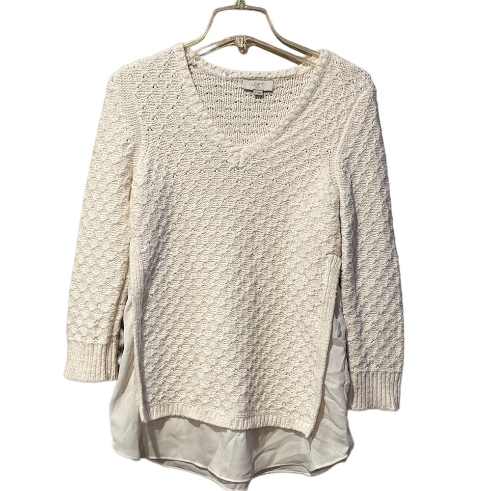 Loft Sweater Chunky Sheer Sides and Bottom Crewneck Cream Color Size Small